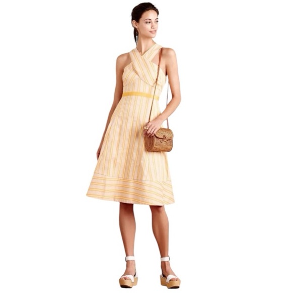 $178 Anthropologie Vintage Cross Front Sun Dress 8 Medium Yellow HD in Paris NWT - Picture 3 of 14
